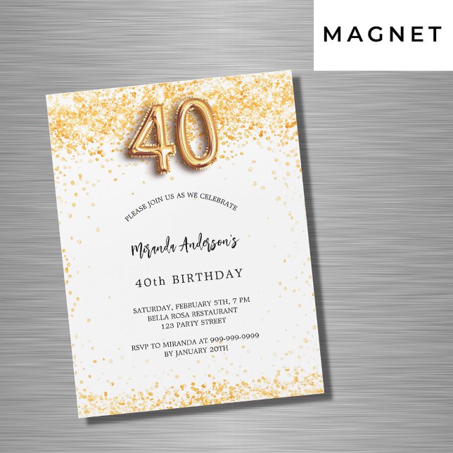 40th birthday white gold confetti elegant luxury magnetic invitation (Creator Uploaded)