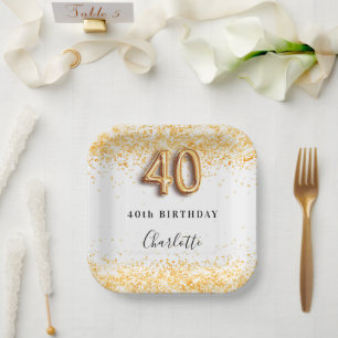 40th birthday white gold glitter name paper plate