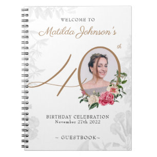 40th Birthday White Gold Guestbook Floral Photo  Notebook