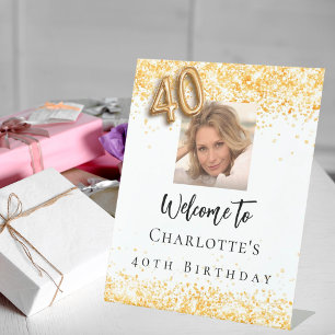 40th birthday white gold photo confetti welcome pedestal sign