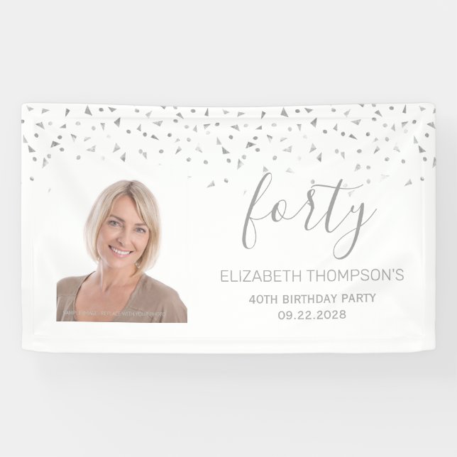 40th Birthday White Silver Confetti Photo Banner (Horizontal)