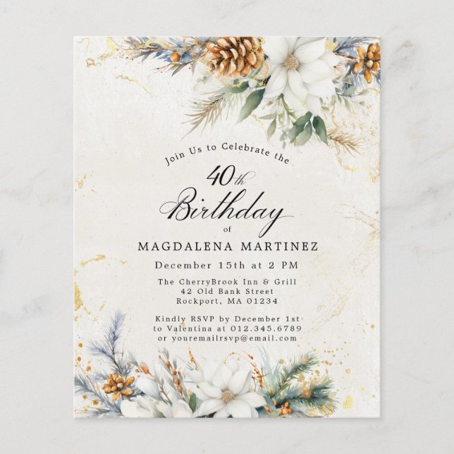 40th Birthday Winter White Floral Invitation (Front)