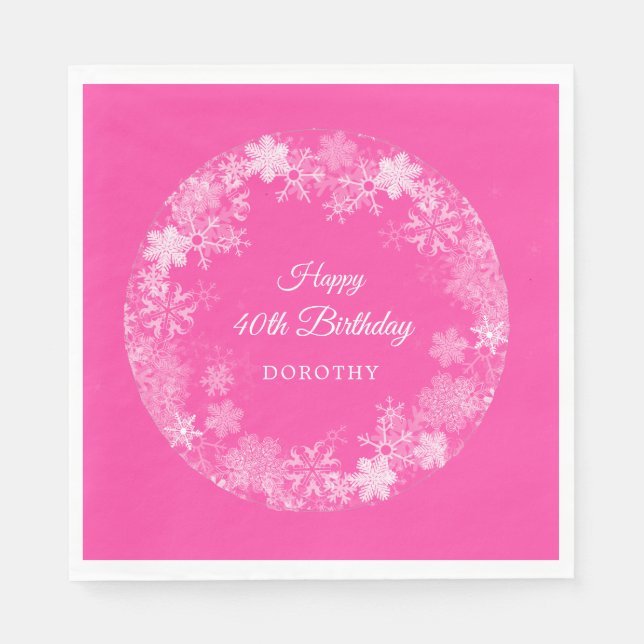 40th Birthday Winter Wonderland Snowflake Pink Napkin (Front)
