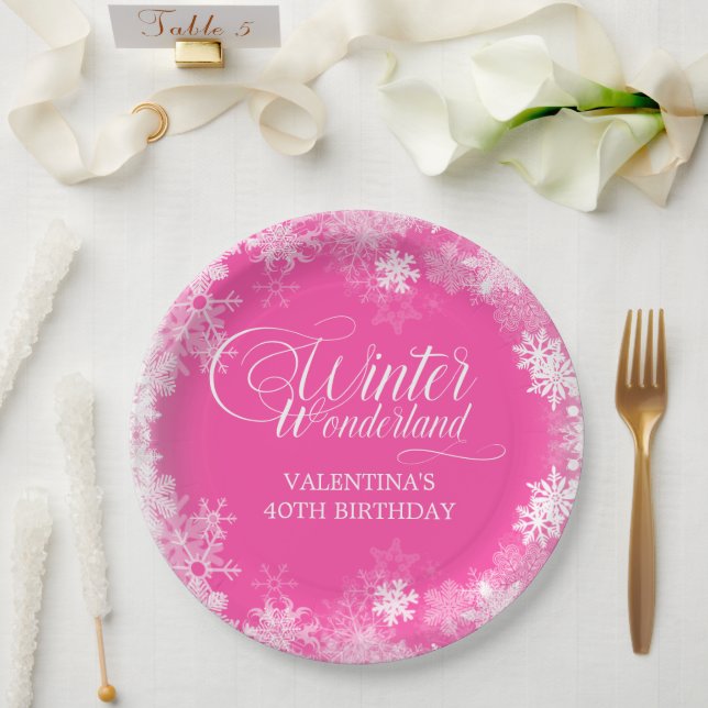 40th Birthday Winter Wonderland Snowflake Pink Paper Plate (Wedding)