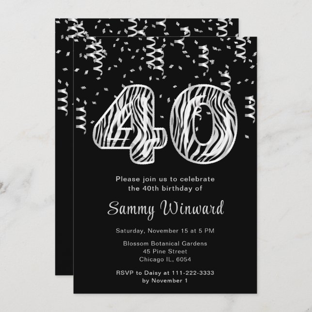 40th Birthday Zebra Print Balloons with Confetti Invitation (Front/Back)