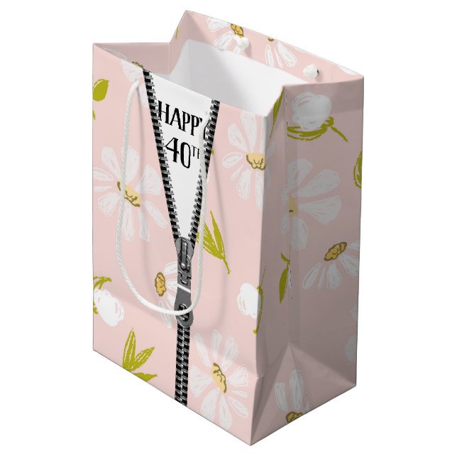 40th Birthday Zipper On Daisy Design   Medium Gift Bag (Front Angled)