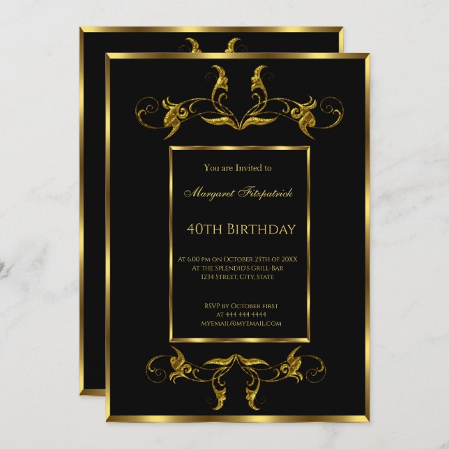 40th black Gold birthday party  invitation (Front/Back)