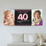 40th Black Pink Happy Birthday Photo Banner<br><div class="desc">Milestone girly fortieth birthday party banner featuring a trendy black background,  2 large photos,  pink sparkle glitter,  40 pink hellium balloons,  and a custom celebration template that is easy to personalise.</div>