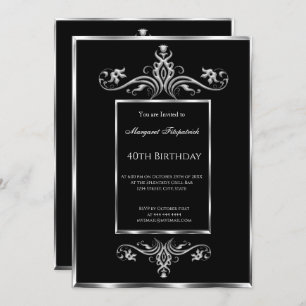40th black silver birthday party  invitation