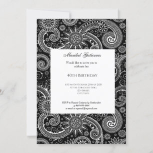 40th Black White Paisley Birthday  Invitation