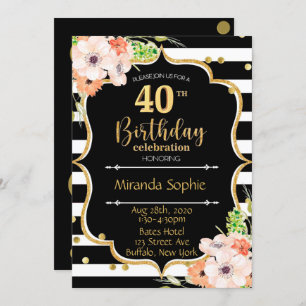 40th Black White Stripe Pink Floral Birthday Party Invitation