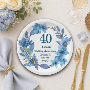 40th Blue Floral Ruby Wedding Anniversary Paper Plate