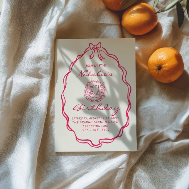 40th Bow Hand Drawn Pink Coquette Cake Birthday Invitation (Creator Uploaded)