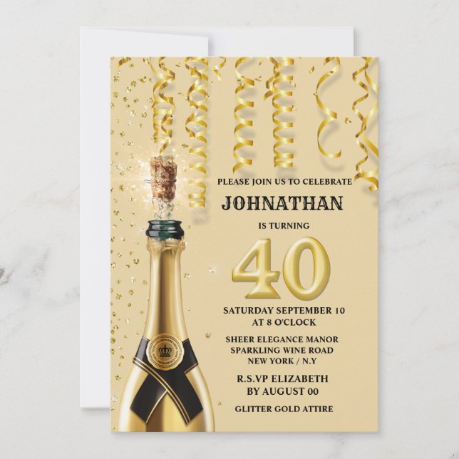 40th champagne popping gold streamers sparkle invitation (Front)