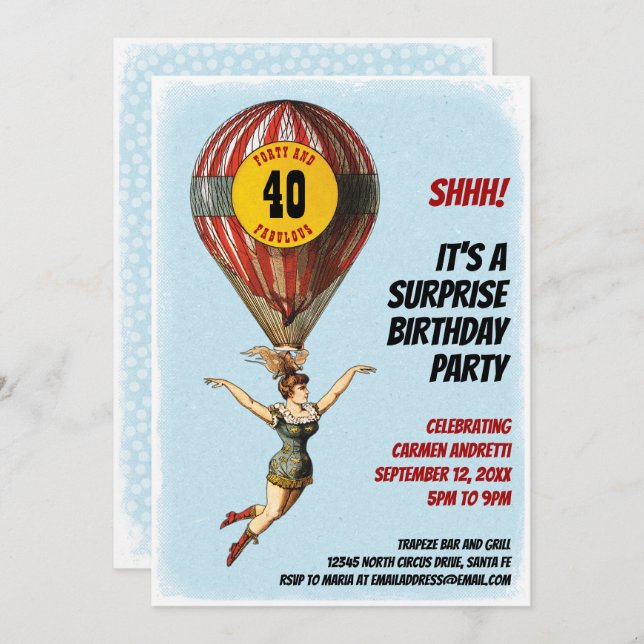 40th Circus Balloon Girl with Dots Invitation (Front/Back)