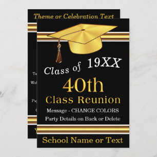 40th Class Reunion Invitations, Black, Gold, White Invitation