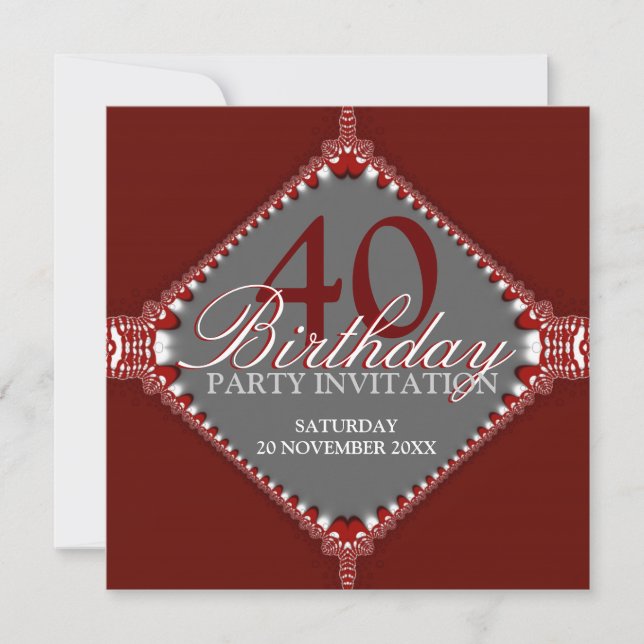 40th Dark Red & Grey Elegant Birthday Party Invita Invitation (Front)