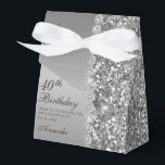 40th Elegant Silver Birthday Favour Box<br><div class="desc">This fantastic silver glitter and diamond sided 40th Birthday thank you favour box would be perfect for your event.  It would be great for a candy station,  on a thank you gift table,  or at each place setting with a favour.  Be sure you order enough for all your guests.</div>