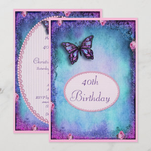 40th Faux Glitter, Butterfly, Roses & Lace Invitation
