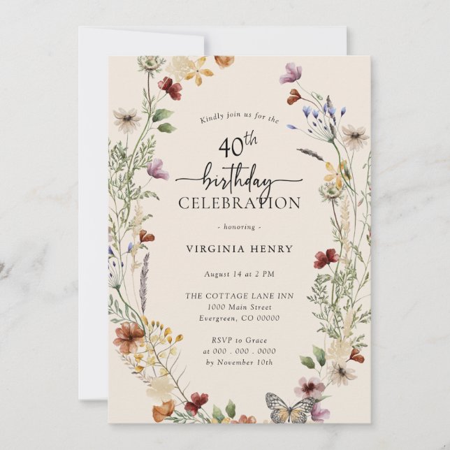 40th Floral Birthday Invitation (Front)