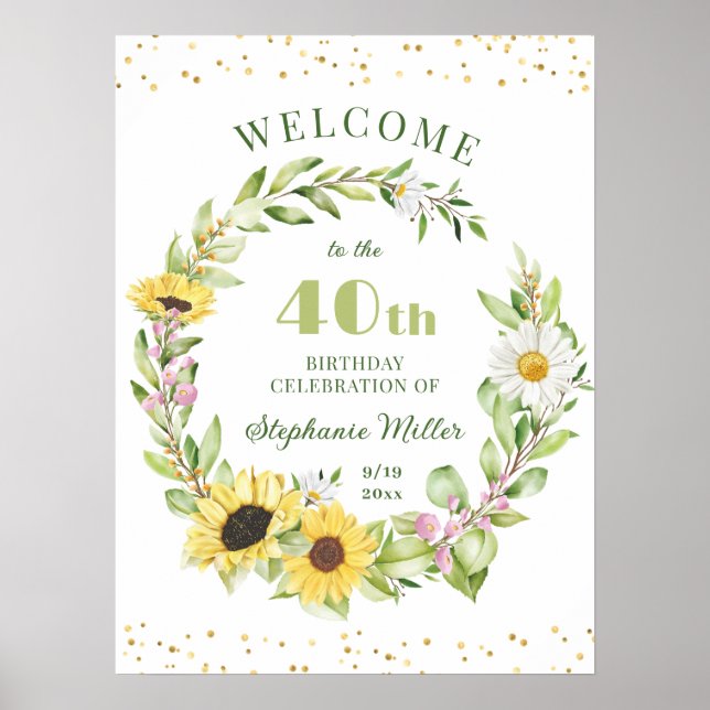40th Forty Birthday Party Sunflower Floral Welcome Poster (Front)