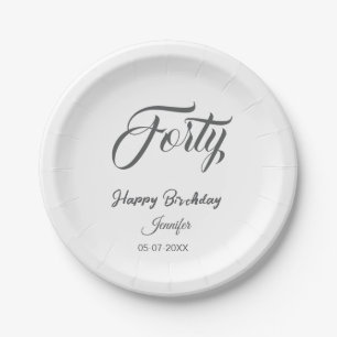 40th forty letterbirthday add name date year gray paper plate