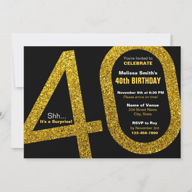 40th Gold Glitter Birthday Invitation (Front)