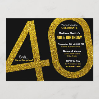 40th Gold Glitter Birthday Invitation
