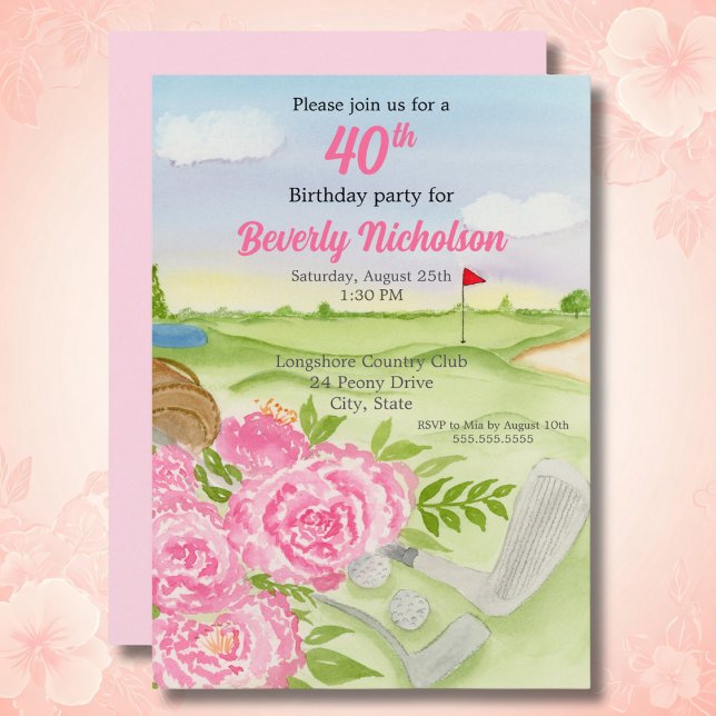 40th Golf Birthday Party Peonies On Golf Course In Invitation (Creator Uploaded)