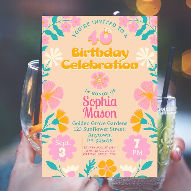 40th Groovy Retro 70s Boho Flora Birthday Invitation (Creator Uploaded)