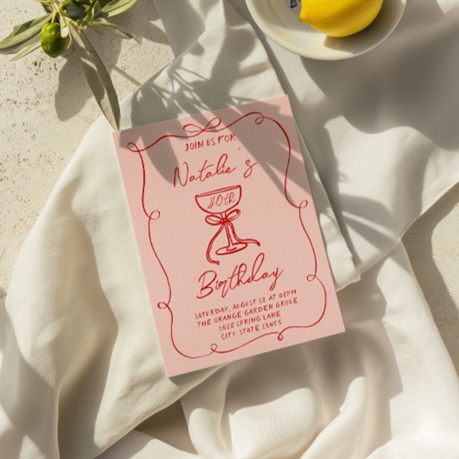 40th Hand Drawn Bow Champagne Glass Birthday Invitation (Creator Uploaded)