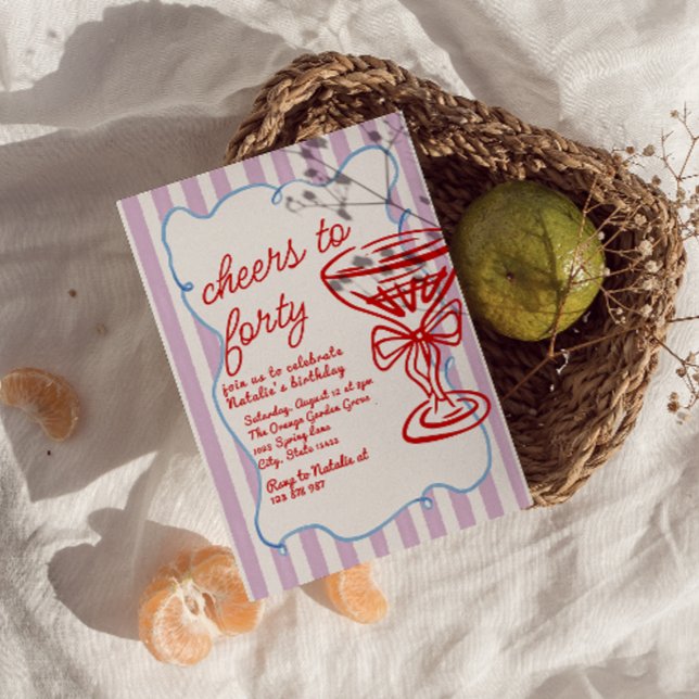 40th Hand Drawn Colourful Champagne Glass Birthday Invitation (Creator Uploaded)