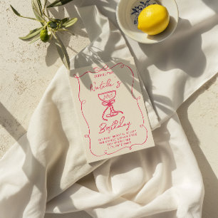 40th Hand Drawn Pink Bow Champagne Glass Birthday  Invitation