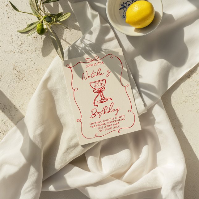 40th Hand Drawn Red Bow Champagne Glass Birthday Invitation (Creator Uploaded)