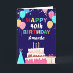 40th Happy Birthday Balloons Cake Navy Blue Card<br><div class="desc">40th Happy Birthday Colorful Balloons Cake Navy Blue with personalized name. For further customization,  please click the "Customize it" button and use our design tool to modify this template.</div>