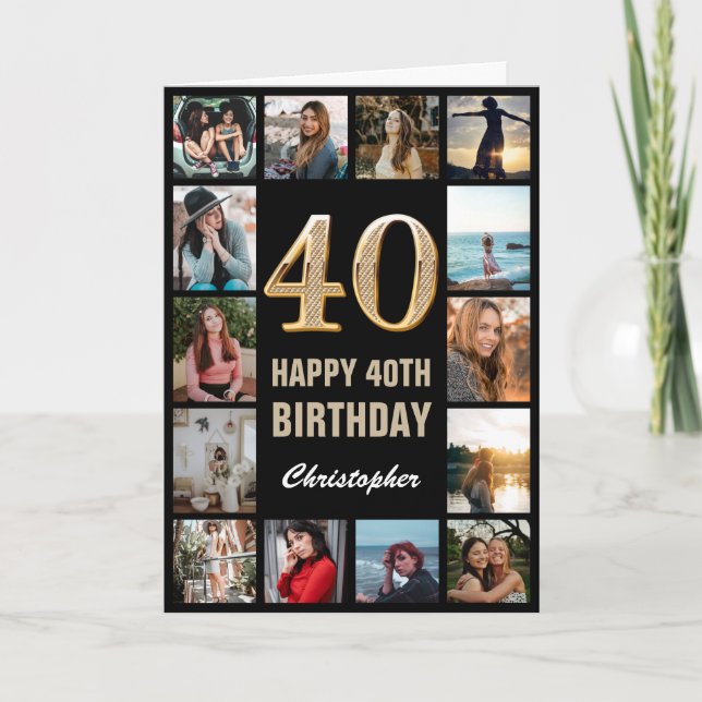 40th Happy Birthday Black and Gold Photo Collage Card (Front)