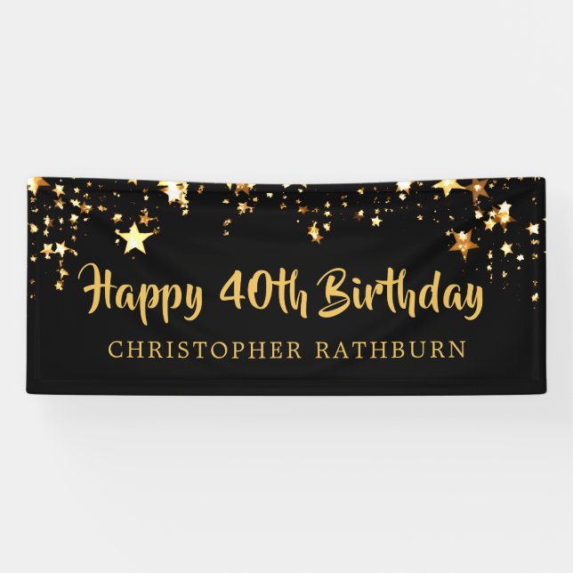 40th Happy Birthday Black Gold Stars or Your Text Banner (Horizontal)