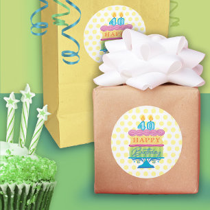 40th Happy Birthday Cake Yellow Dots Classic Round Sticker