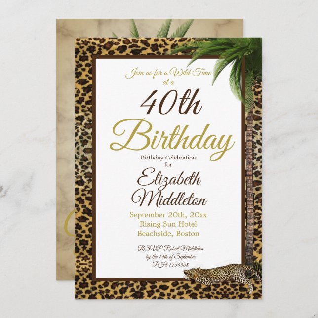 40th Leopard Print Palm Wild Birthday Invitation (Front/Back)