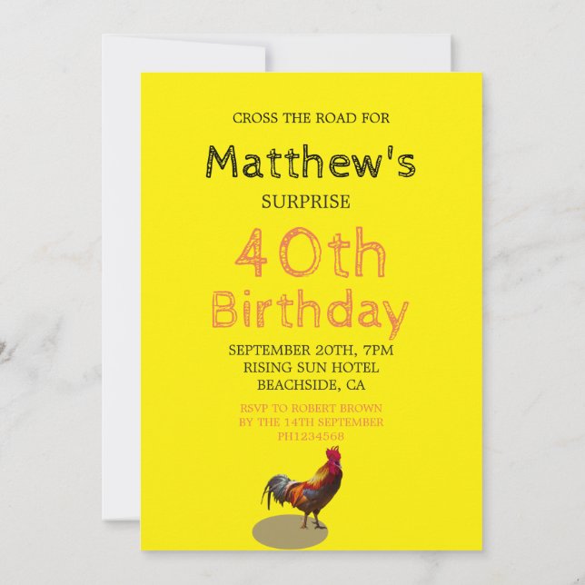 40th Male Birthday Fun Rooster Chicken Invitation (Back)