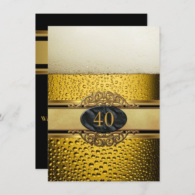 40th Mans Beer Black Gold Birthday Party Invitation (Front/Back)