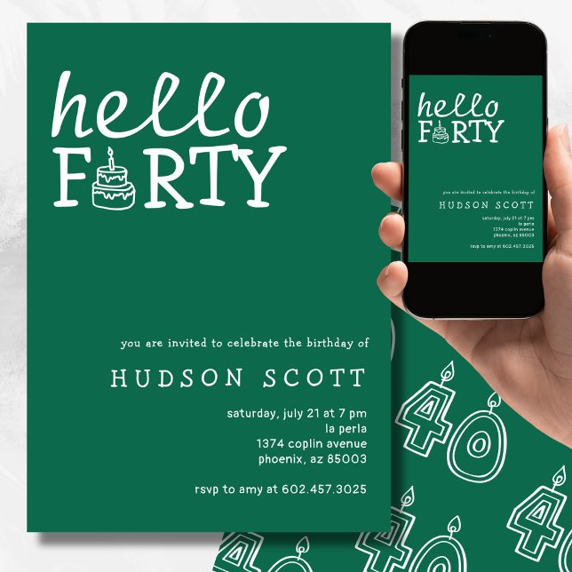  40th Mens Birthday Party Hello Forty Modern Green Invitation (Creator Uploaded)