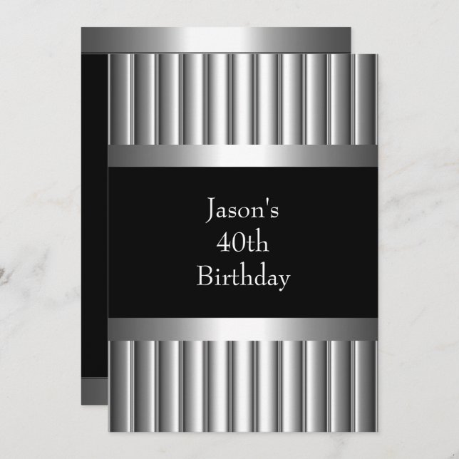 40th Metal Chrome Black White Style Silver Mens Invitation (Front/Back)
