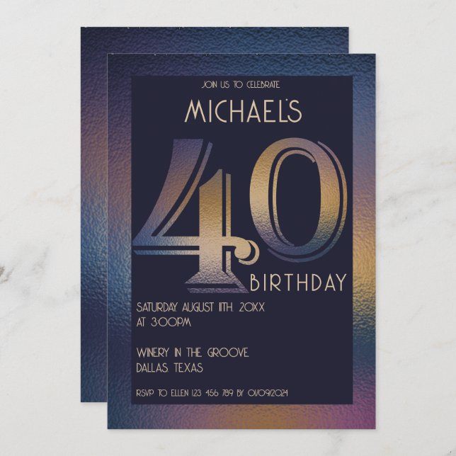 40th modern dark purple and gold birthday invitation (Front/Back)
