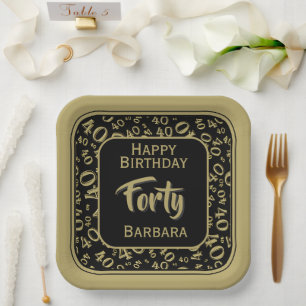40th Party Random Number Pattern Black/Gold Paper Plate