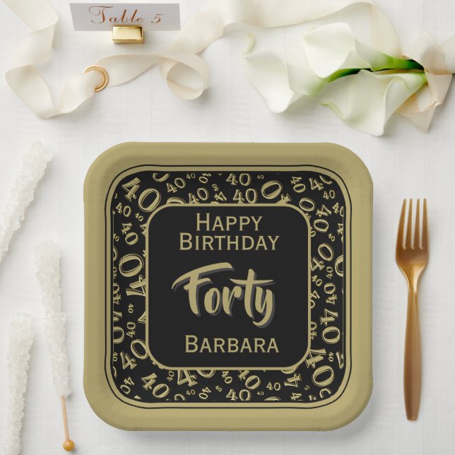 40th Party Random Number Pattern Black/Gold Paper Plate (Wedding)