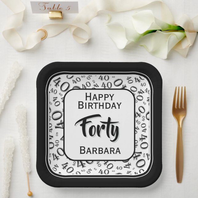40th Party Random Number Pattern Black/White Paper Plate (Wedding)