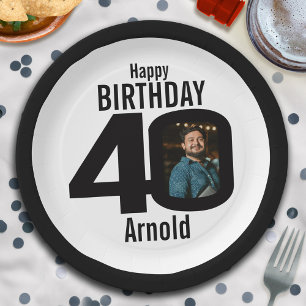 40th photo birthday black and white paper plate