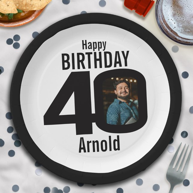 40th photo birthday black and white paper plate (Creator Uploaded)