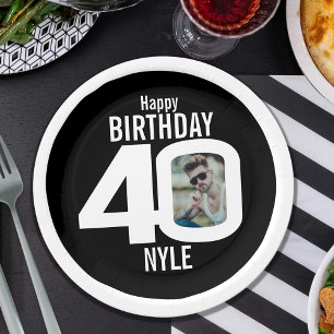 40th photo birthday black and white paper plate